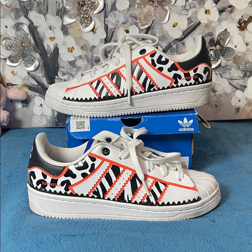 Adidas Superstar White And Black Animal Print Sneakers Size 6